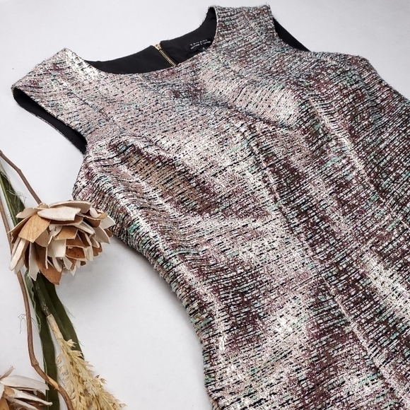 Tahari Arthur Levine Rose Gold Teal Shimmer Dress Sz 6 - Picture 5 of 16